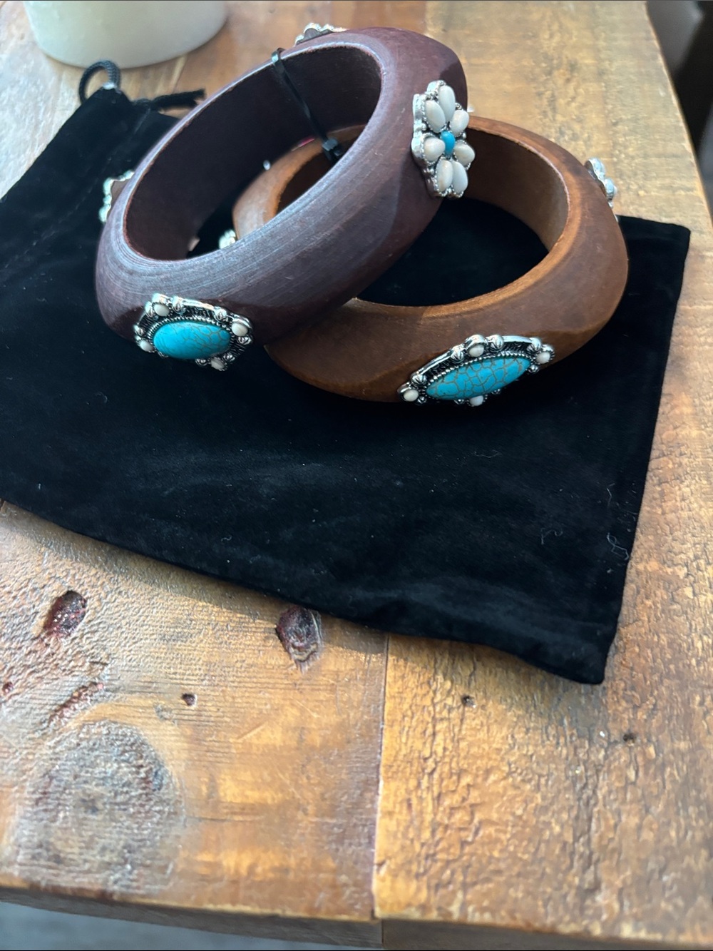 Wooden Bangle Bracelet with Turquoise Accent - Brown